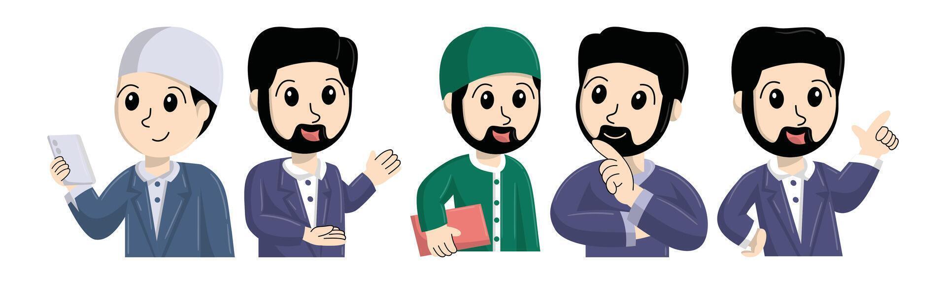 This illustration showcases a variety of cartoon Muslim man characters in traditional clothing. The artwork would be ideal for educational or cultural projects. vector