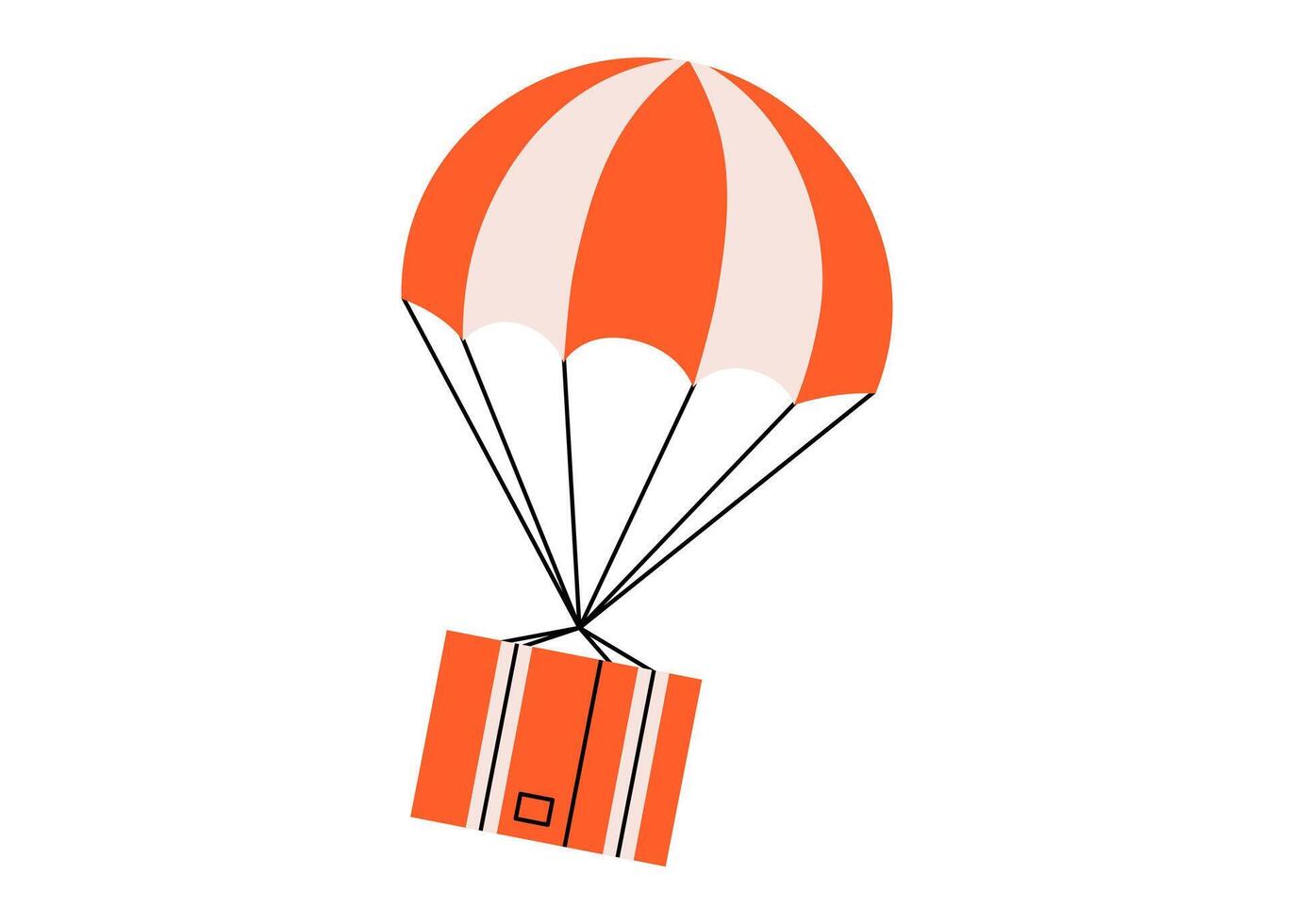 Hand drawn cute illustration of cardboard box with parachute. Flat flying package in colored doodle style. Parcel shipping icon. Shopping logistics. Delivery service sticker. Isolated. vector