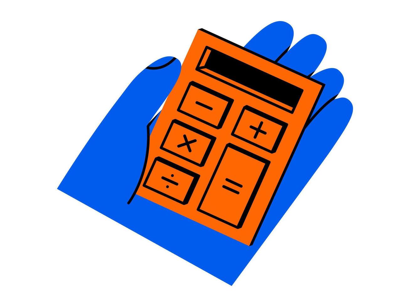 Hand drawn cute cartoon illustration of hand holding calculator. Flat computing device in arm doodle. Education or study sticker, icon. Finance income. Budget accounting. Isolated. vector