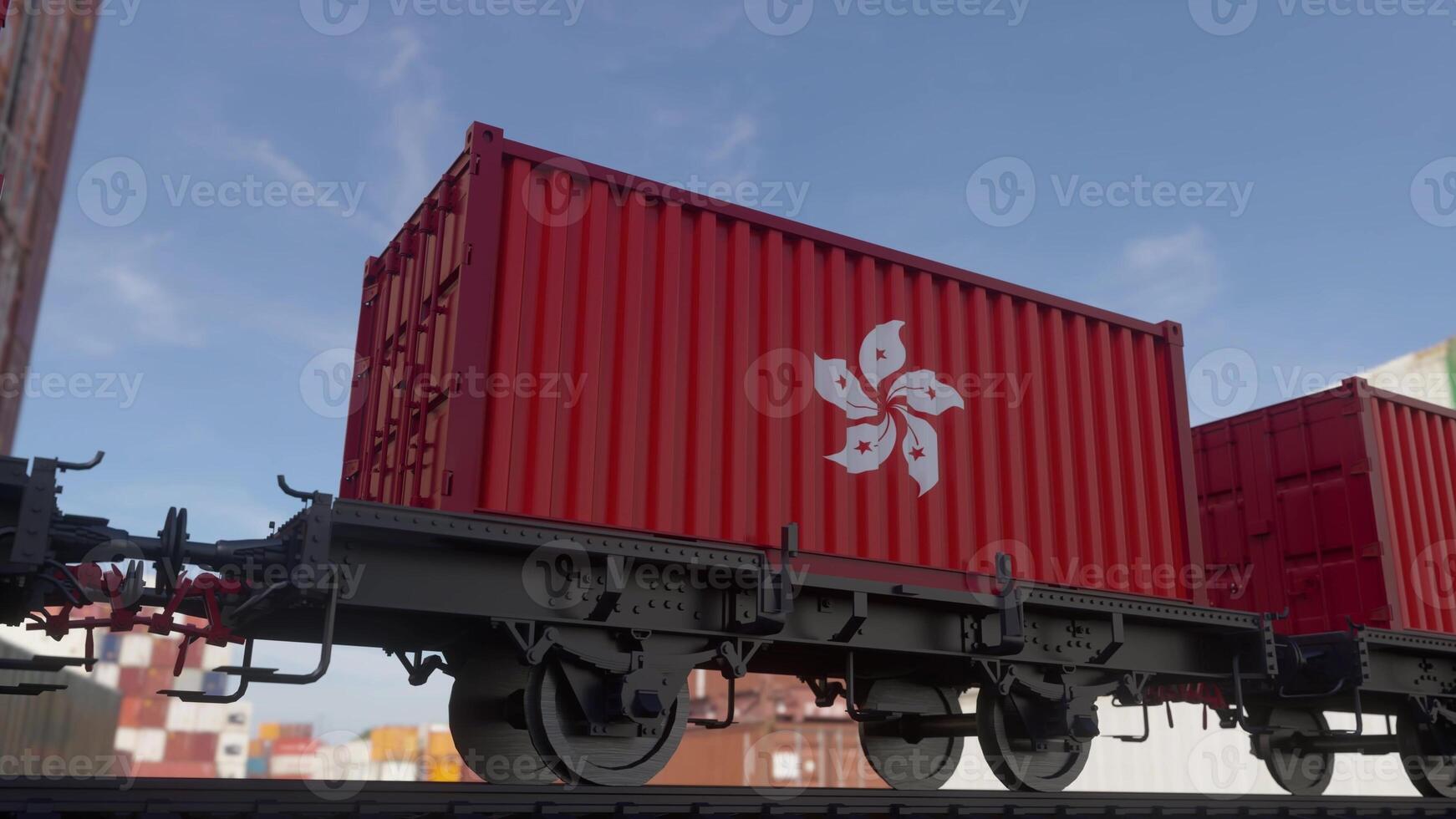 Containers with the flag of Hong Kong. Railway transportation. 3d illustration photo