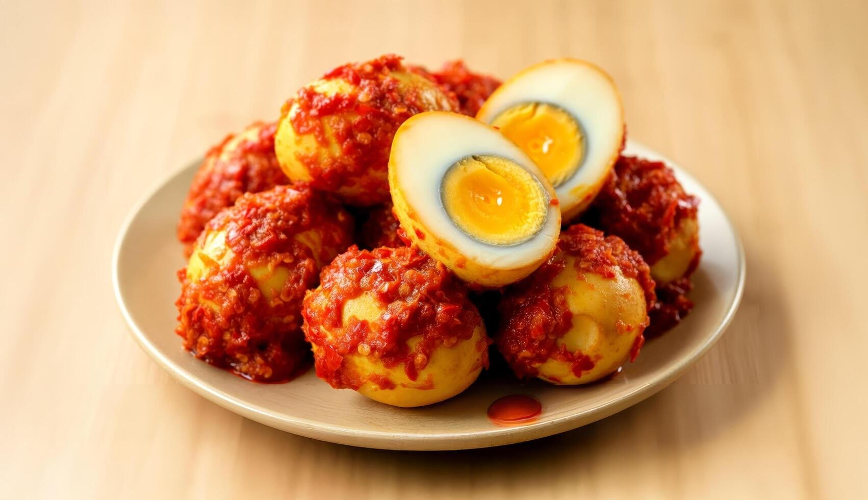 Authentic telur balado served with spicy red sambal on a traditional plate photo