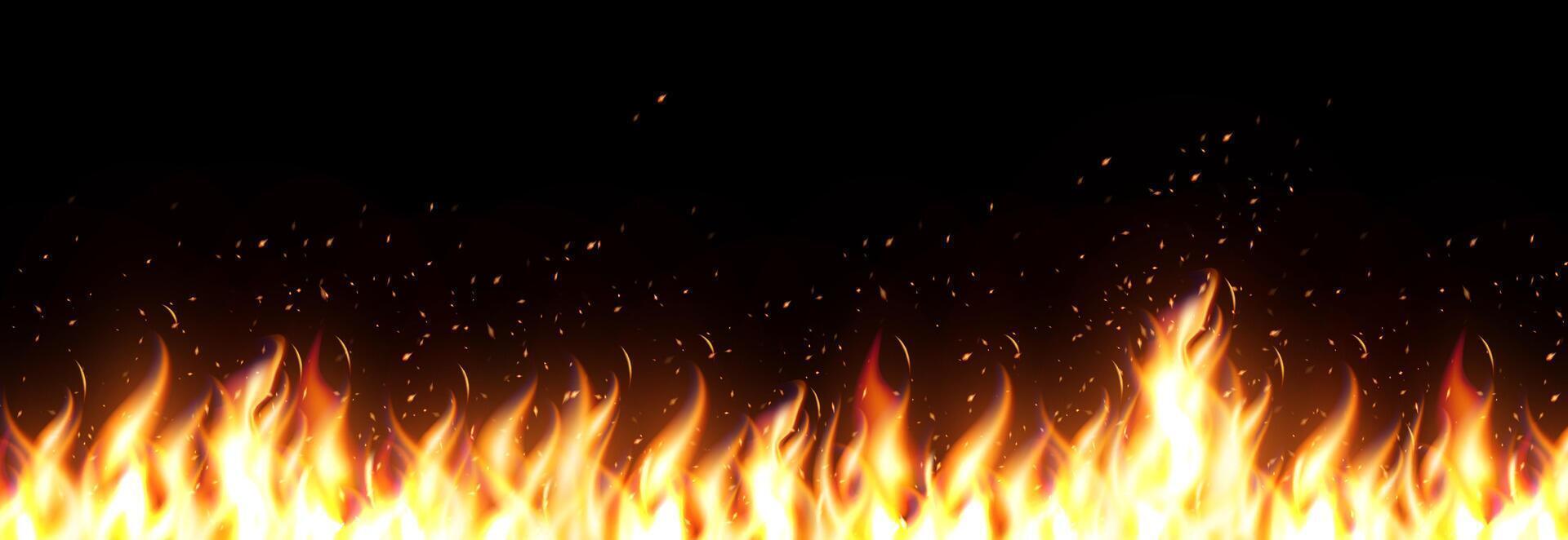 Burning Fire Flames With Sparks On Dark Background. Hot Realistic Fire Border For Banner, Poster, Or Design Decoration. Illustration vector