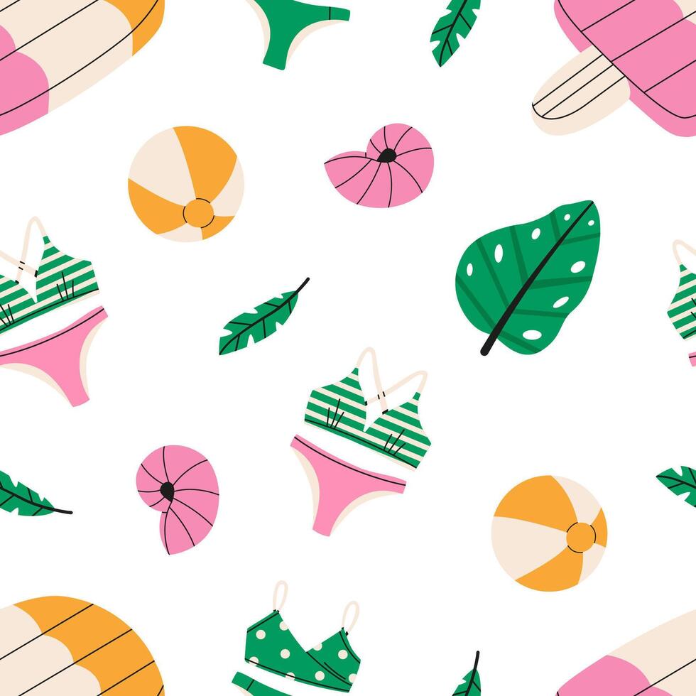 Seamless pattern swimming mattress, shell, inflatable ball, swimsuit, tropical leaves. Summer pattern design. Flat illustration. vector