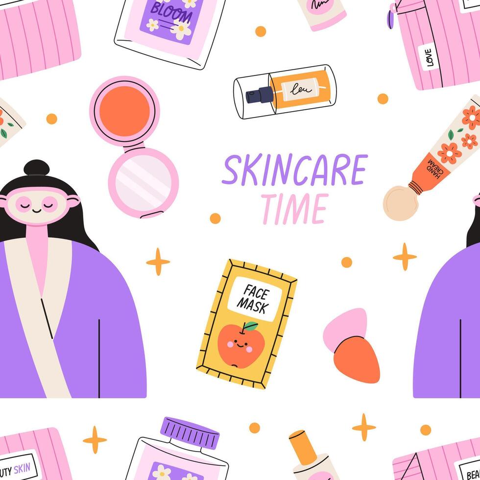 Skin care seamless pattern. Woman take care of skin background. Trendy hand drawing flat style. vector