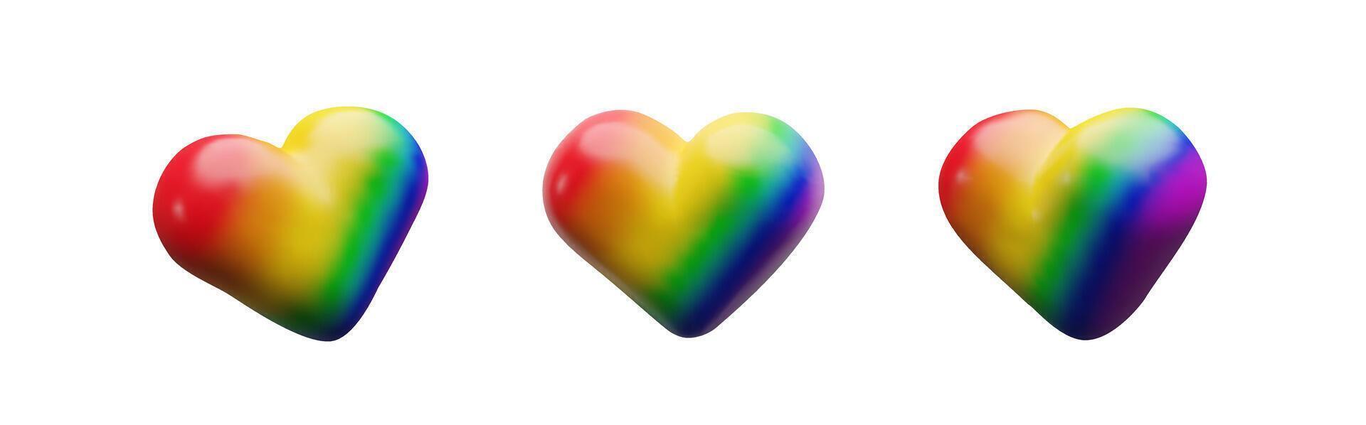3d rainbow set flag heart for Pride Month. Three-dimensional illustration to sexual diversity. Gender freedom for LGBTQIA rights. community. Gay lovers, transgender couple, lesbian marriage. vector