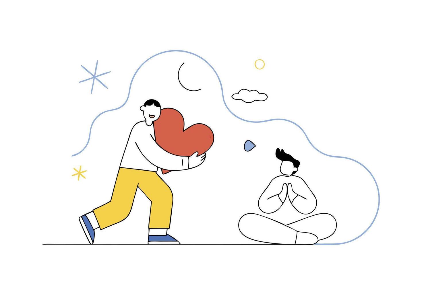 Man Carrying Red Heart to Meditating Person. Line Art, Yellow Pants vector