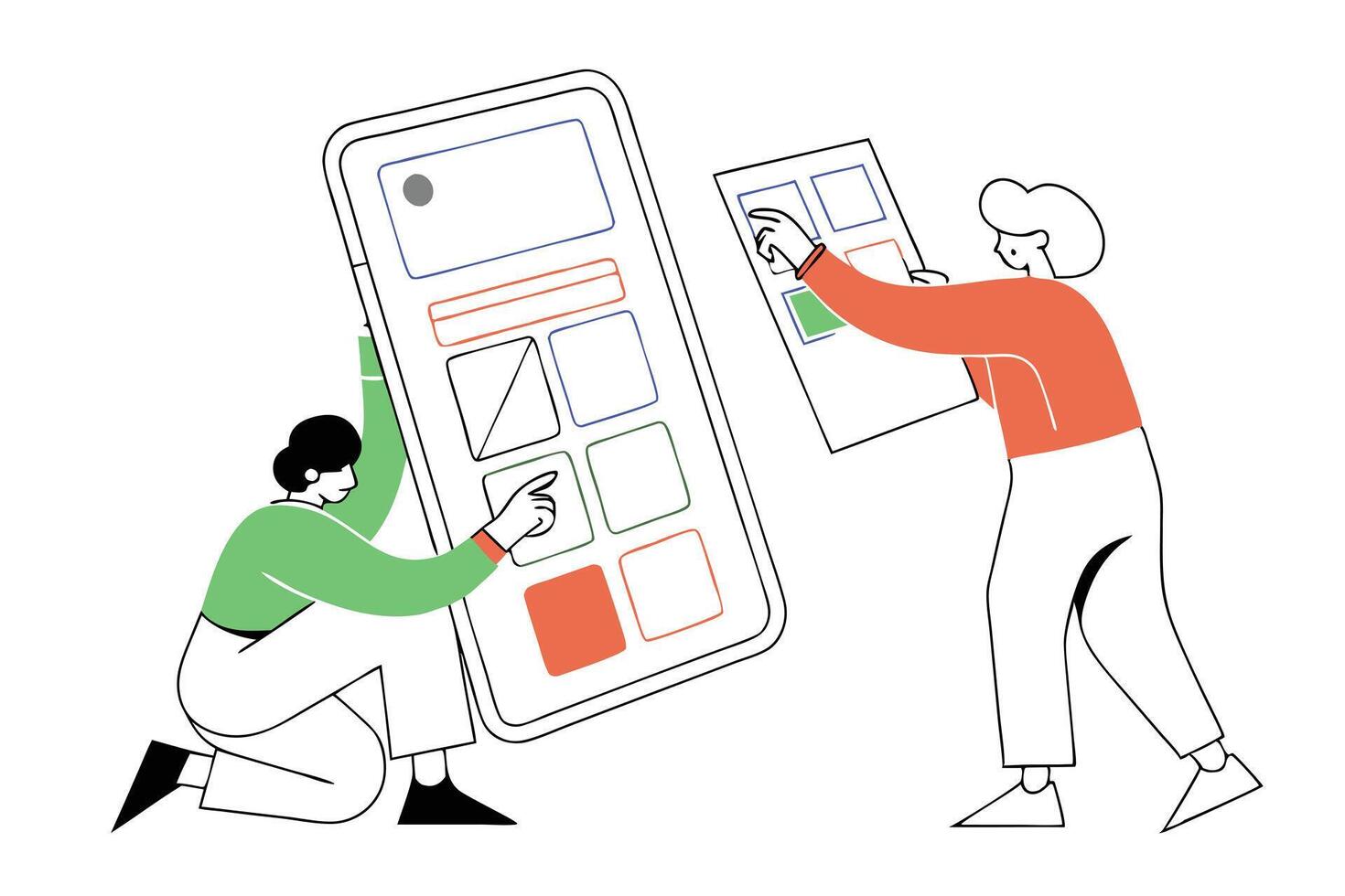 Two People Interact Mobile Interface Concept in Outline Design vector