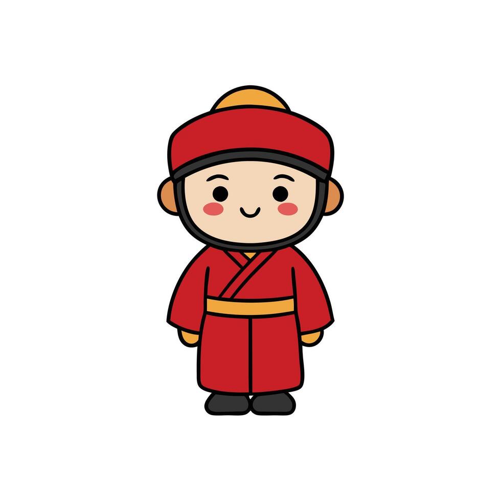 Cartoon Chinese Boy in Traditional Red Costume with Smiling Face vector