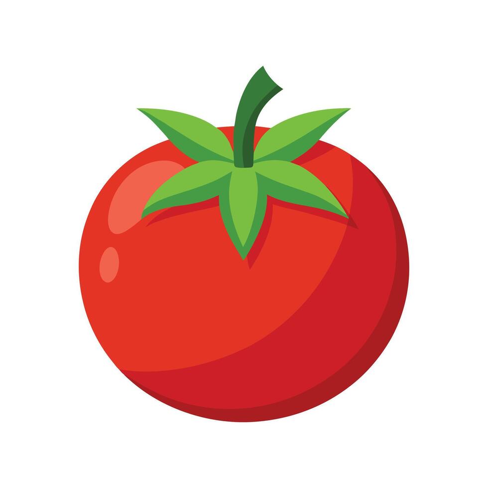 Ripe Red Tomato with Green Stem and Leaves Cartoon Style vector
