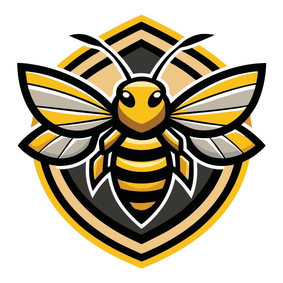 Mascot Style Honey Bee Featuring Striped Body on Shield with Wings vector