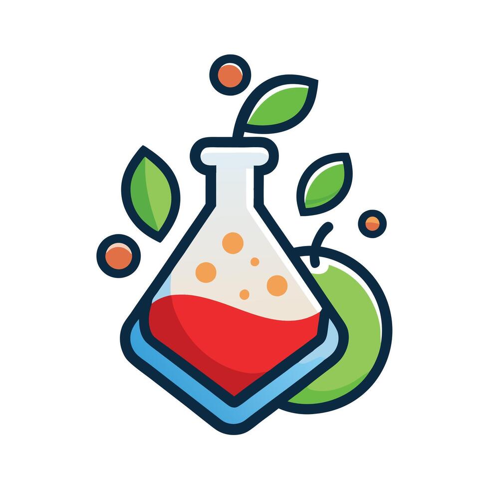 Science Flask with Red Liquid, Green Apple, Leaves and Orange Dots vector