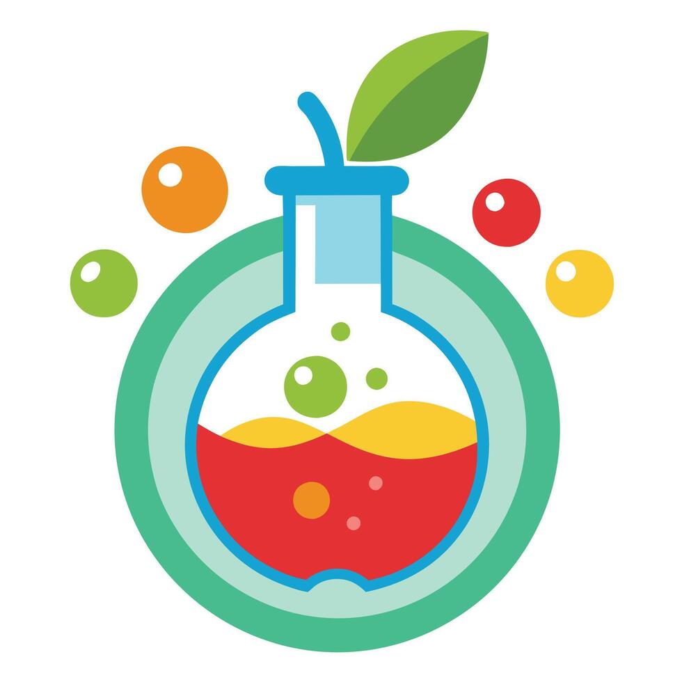 Colorful Flask with Leaf Flat Design, Bright Liquid Inside, Bubbles, Circle vector