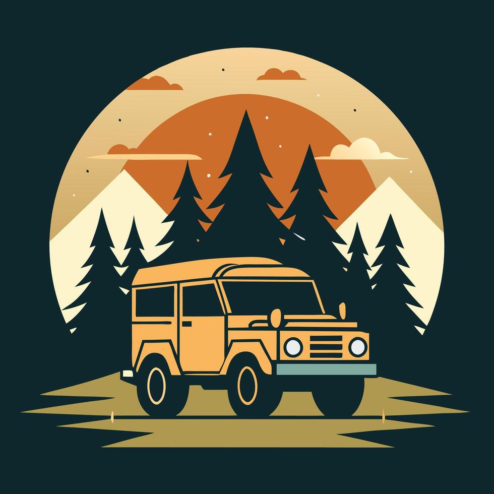 Retro Style Car with Trees Mountains and Sun, Automotive Adventure and Nature vector