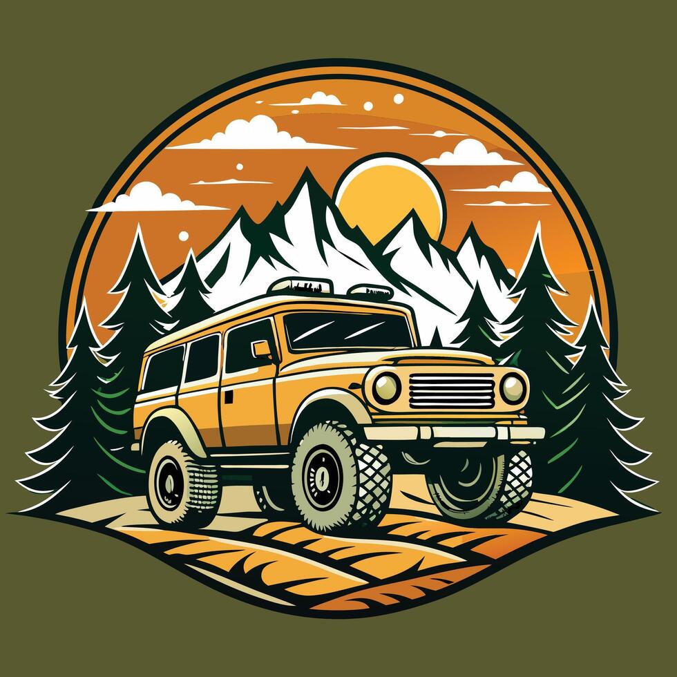 Retro Yellow Car against a Mountain and Pine Tree Background in a Circle Badge vector