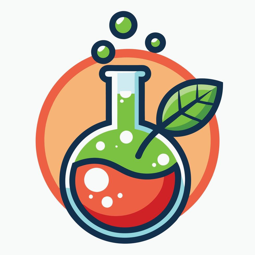 Cartoon Style Lab Beaker with Green and Orange Solution, Bubbles, and Leaf Icon vector