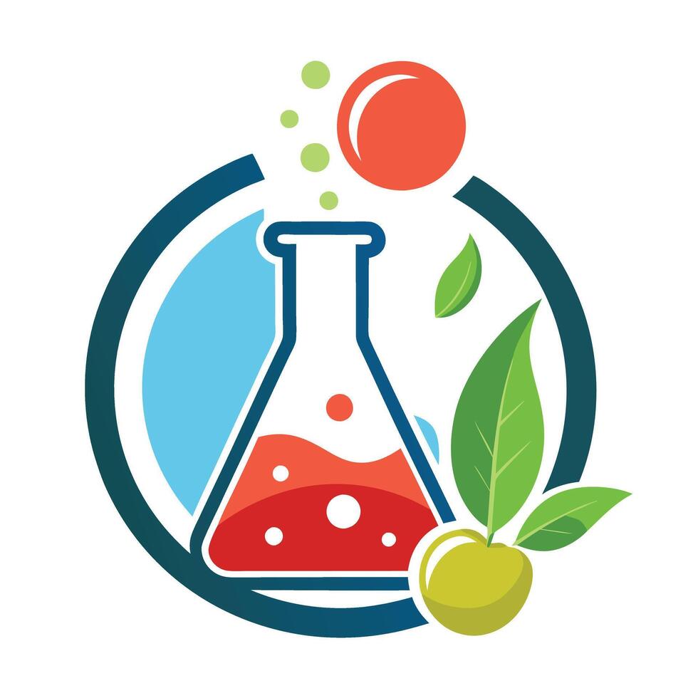 Colorful Laboratory Flask with Green Leaves and Bubbles vector