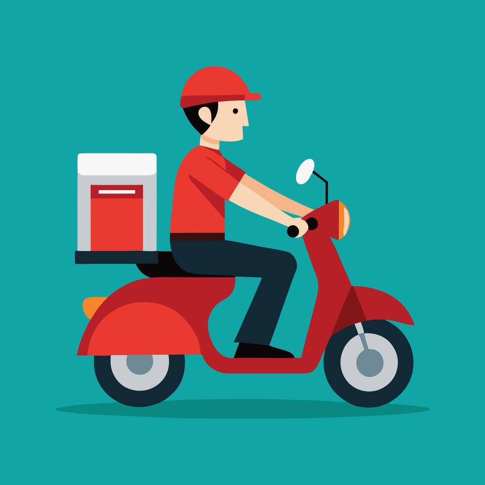 Asian Man Rides Red Scooter with Box Cartoon Style vector