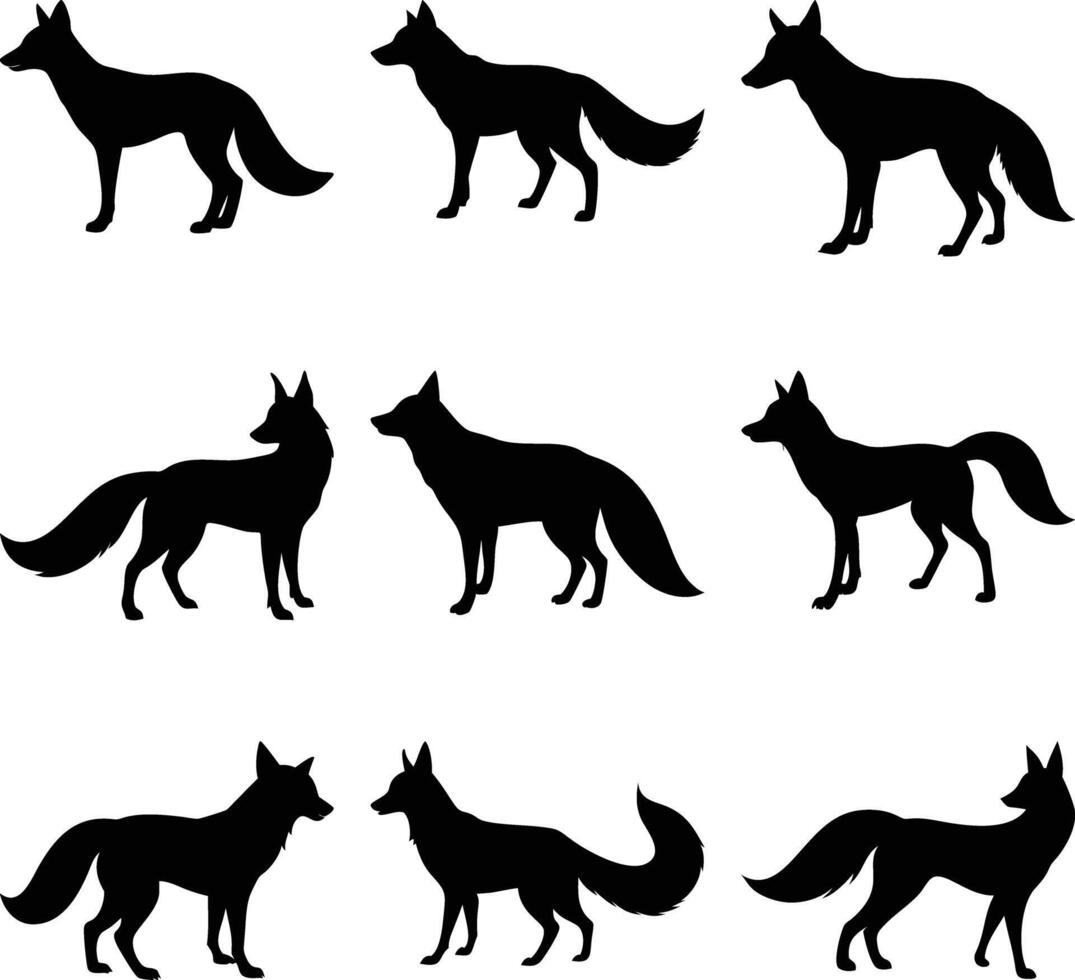 Nine Silhouette Foxes Standing On Isolated Wildlife Animals vector
