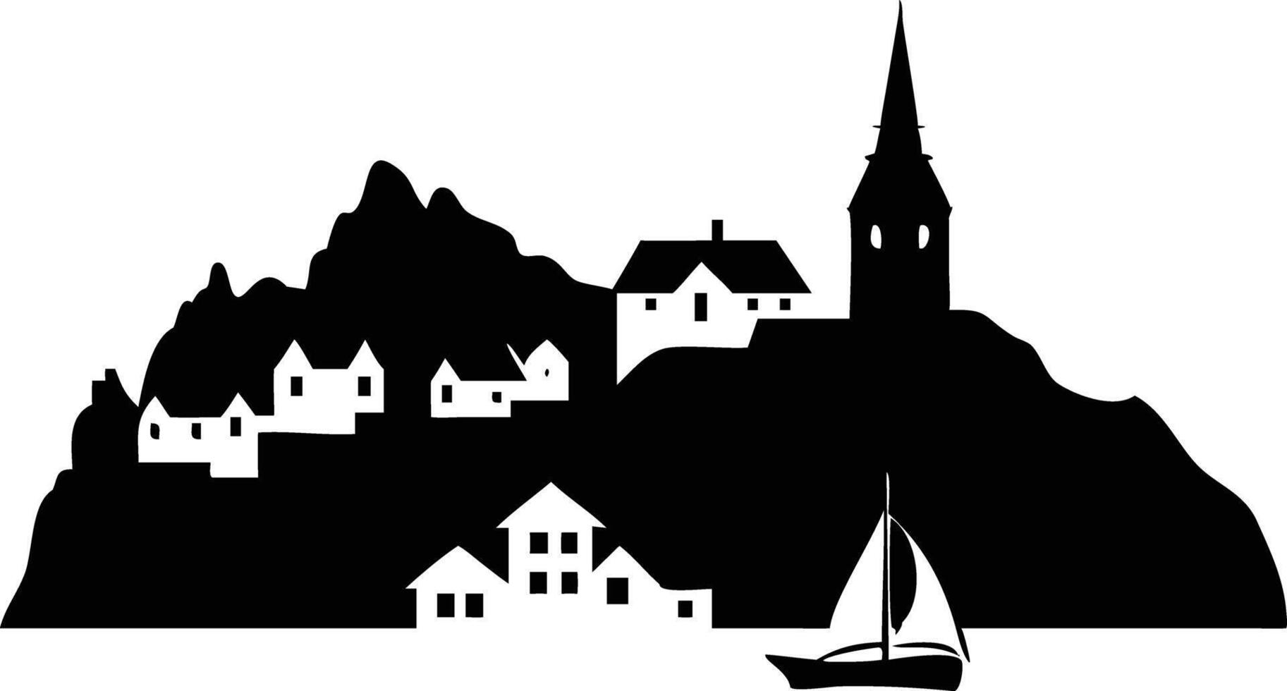 Black Silhouette of Village Houses and Church on Mountain with a Sailboat on Water vector