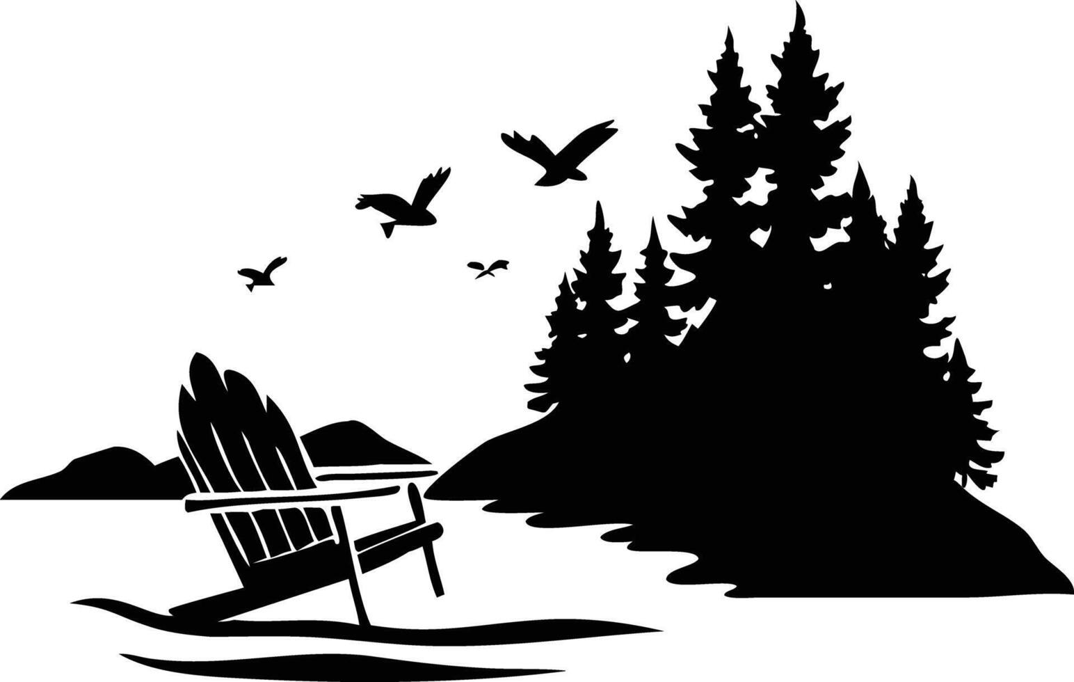 Scenic Lakeside with Adirondack Chair, Flying Birds and Pine Tree Black Silhouette vector