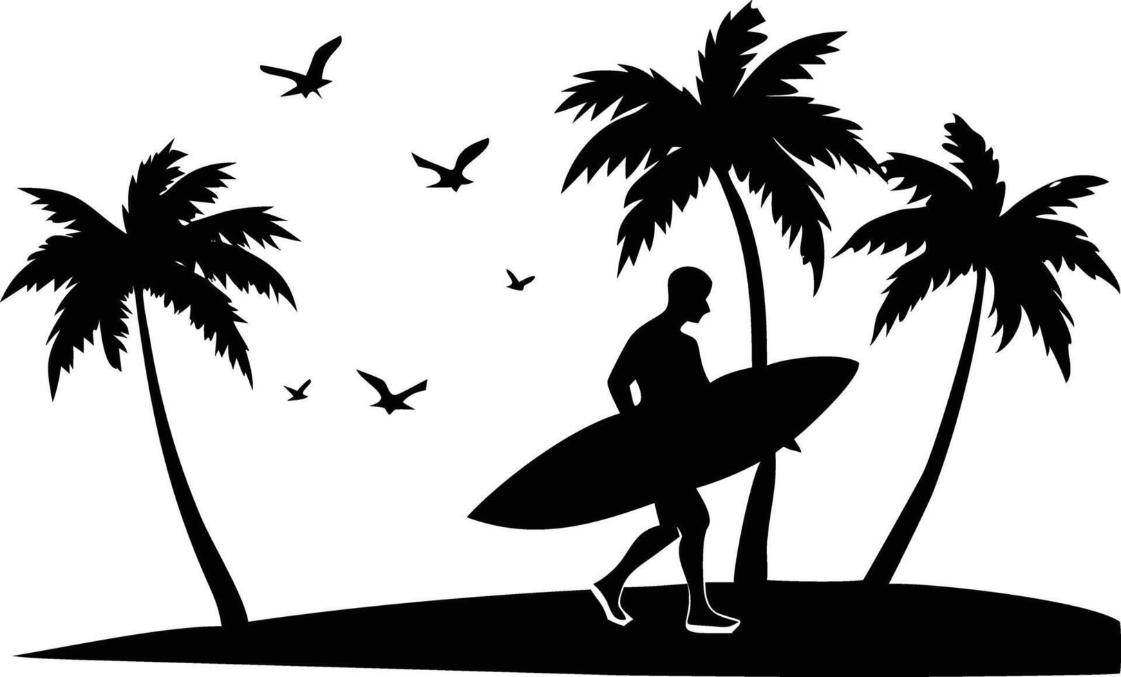 Silhouetted Asian Man Carrying Surfboard Walking by Palm Trees and Flying Birds vector