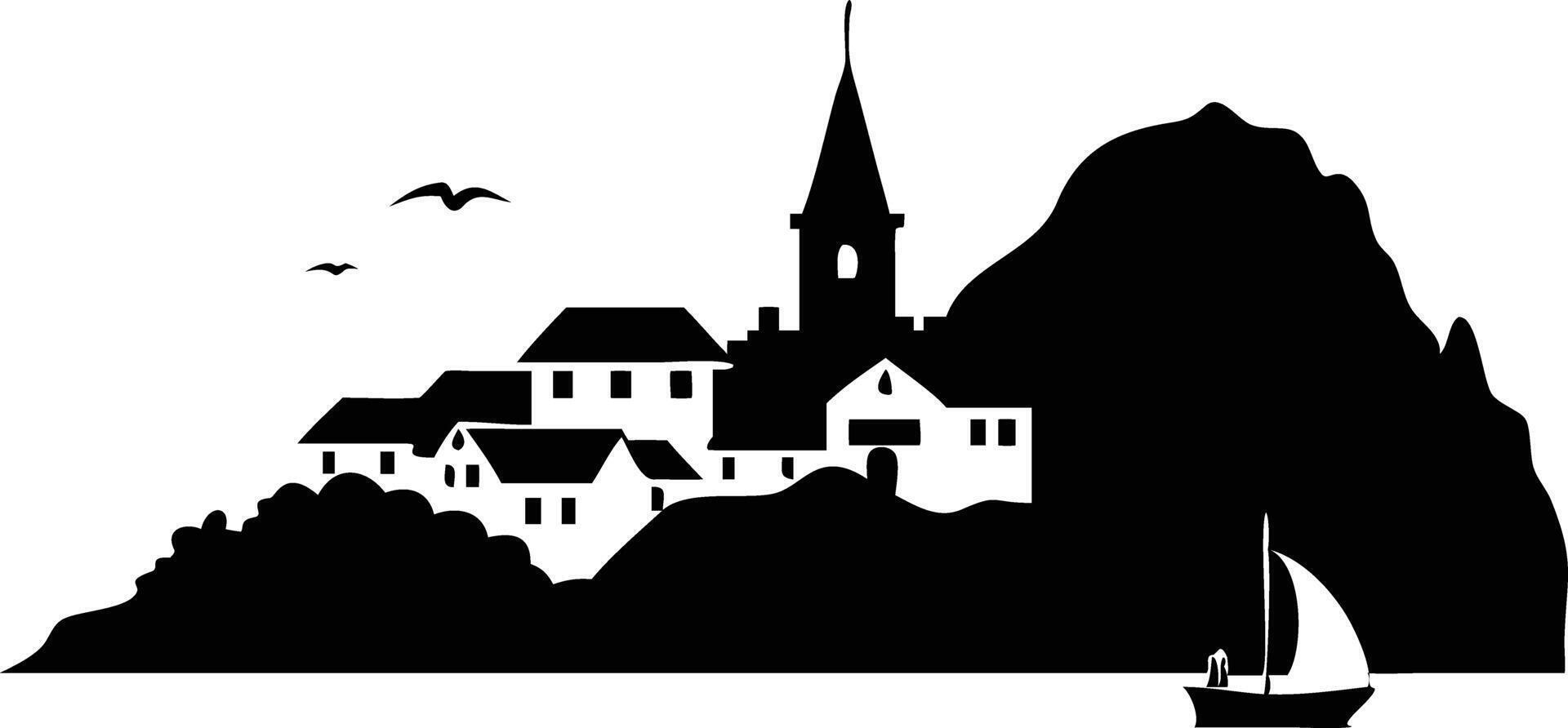 Silhouette View of Coastal Village with Church, Houses, Mountain, and Sailboat vector
