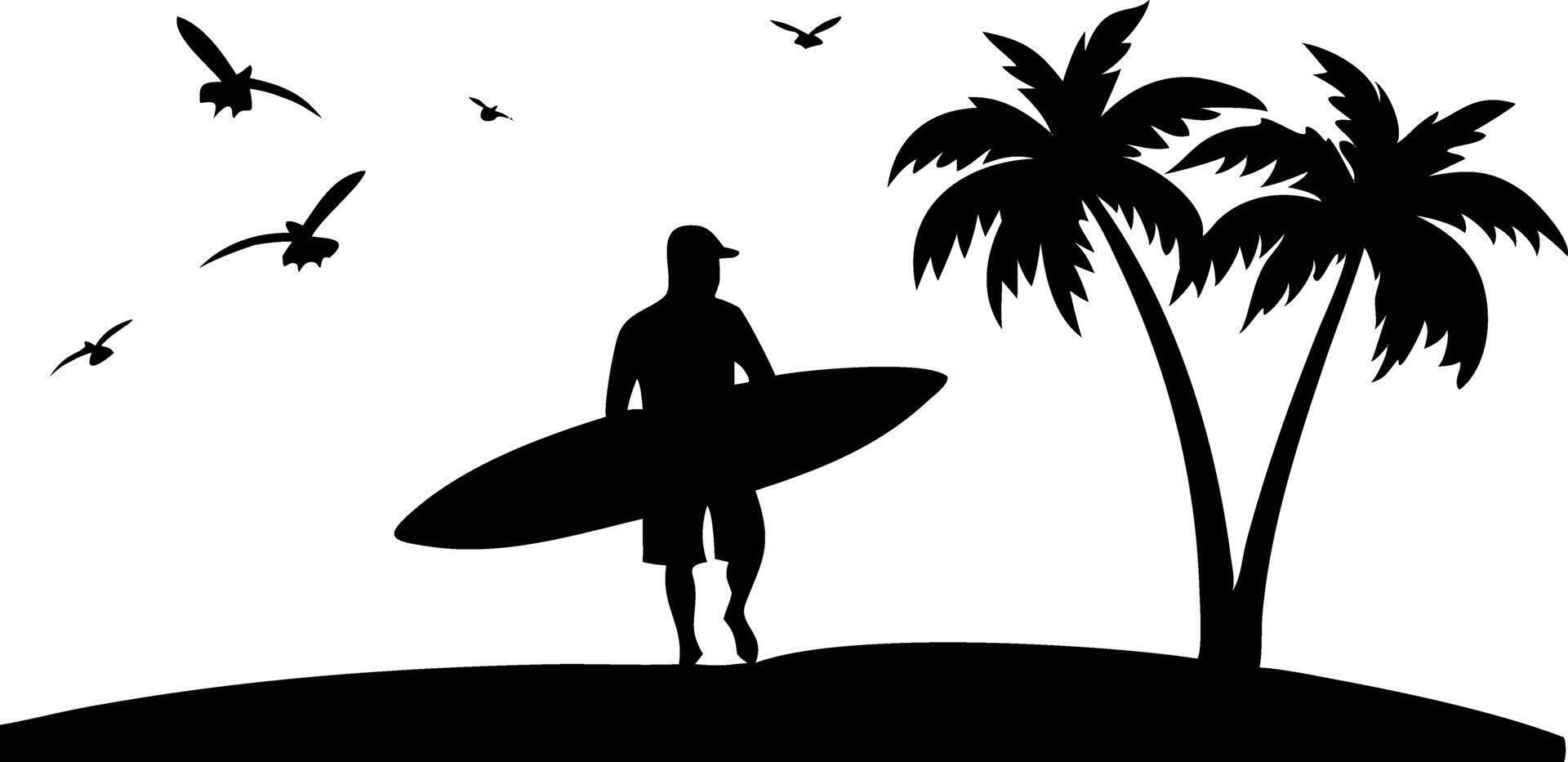 Silhouette surfer carrying surfboard, palm trees, tropical island, birds flying vector