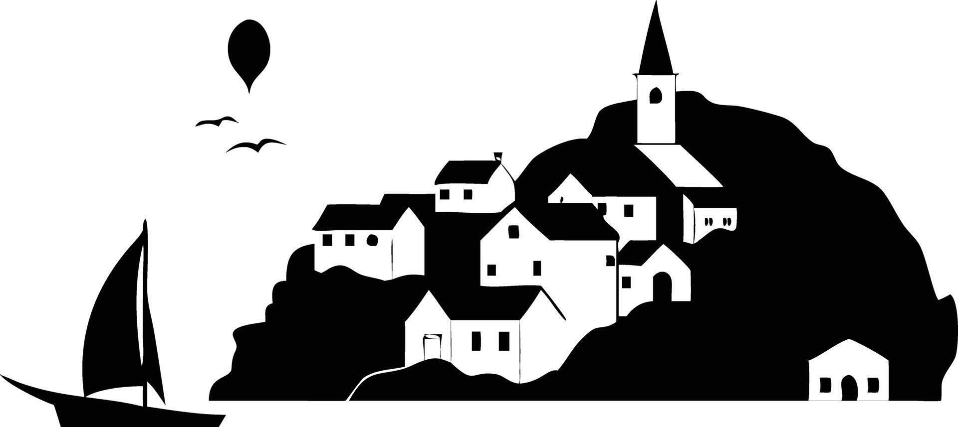 Silhouette Art of Seaside Village with Boat, Church, Birds and Balloon vector
