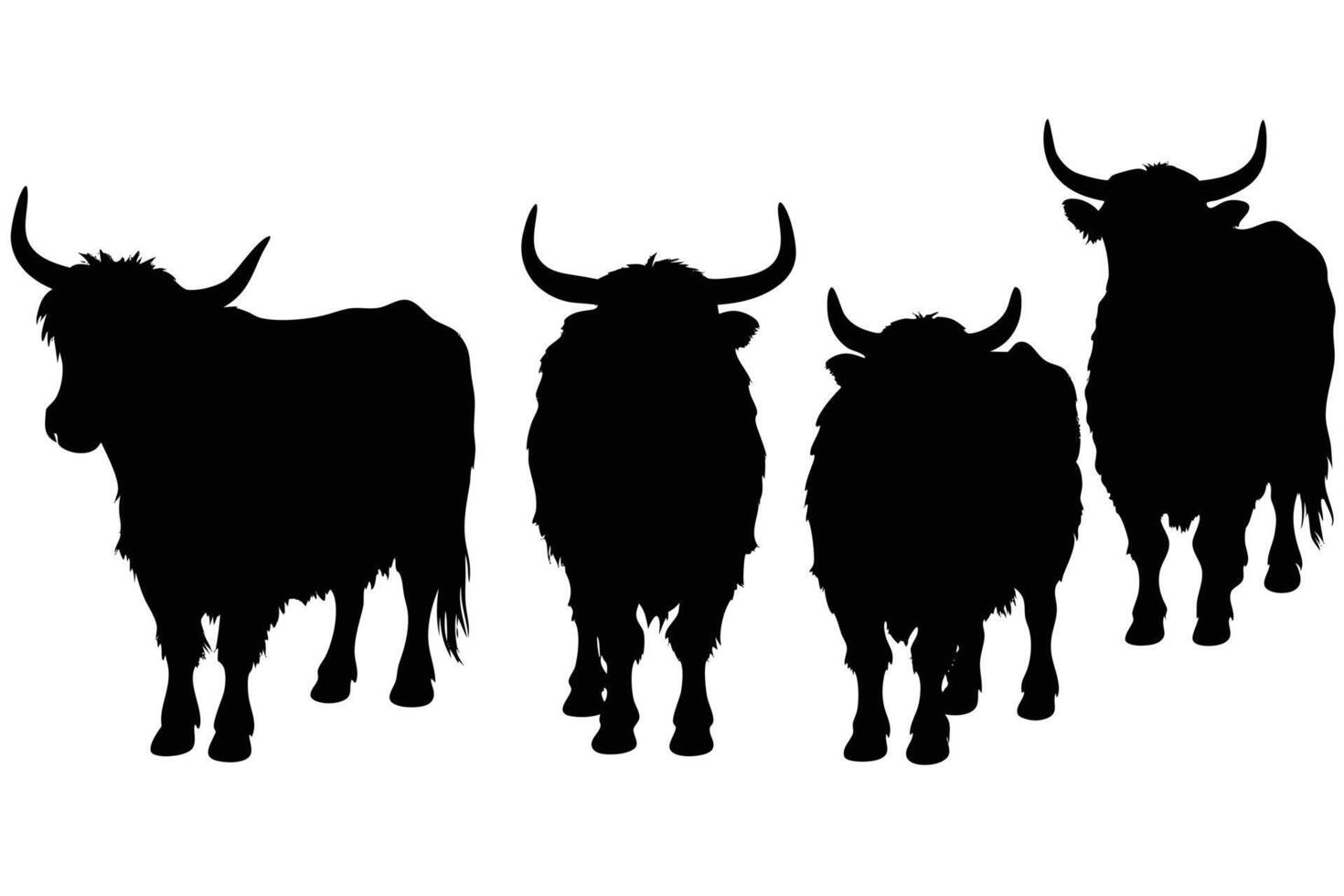 Silhouette of Four Walking Yaks with Horns and Hairy Body vector