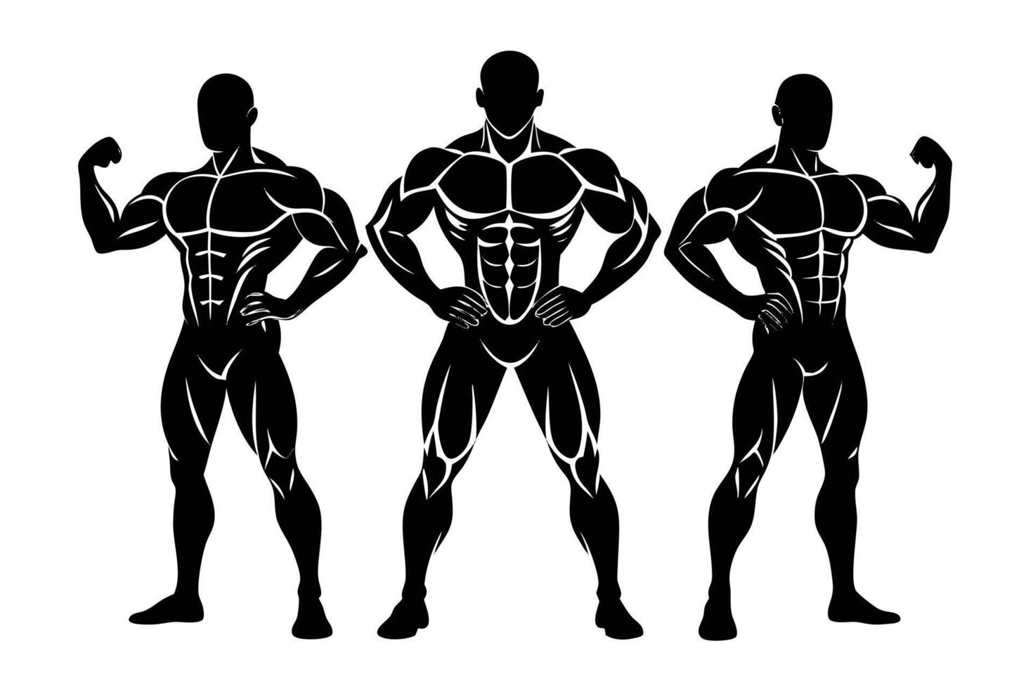 Muscular Bodybuilder Silhouettes Flexing Muscles Against vector