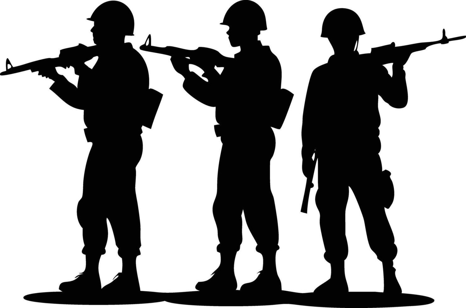 Three Silhouetted Army Men Holding Rifles and Standing Together in Solidarity vector