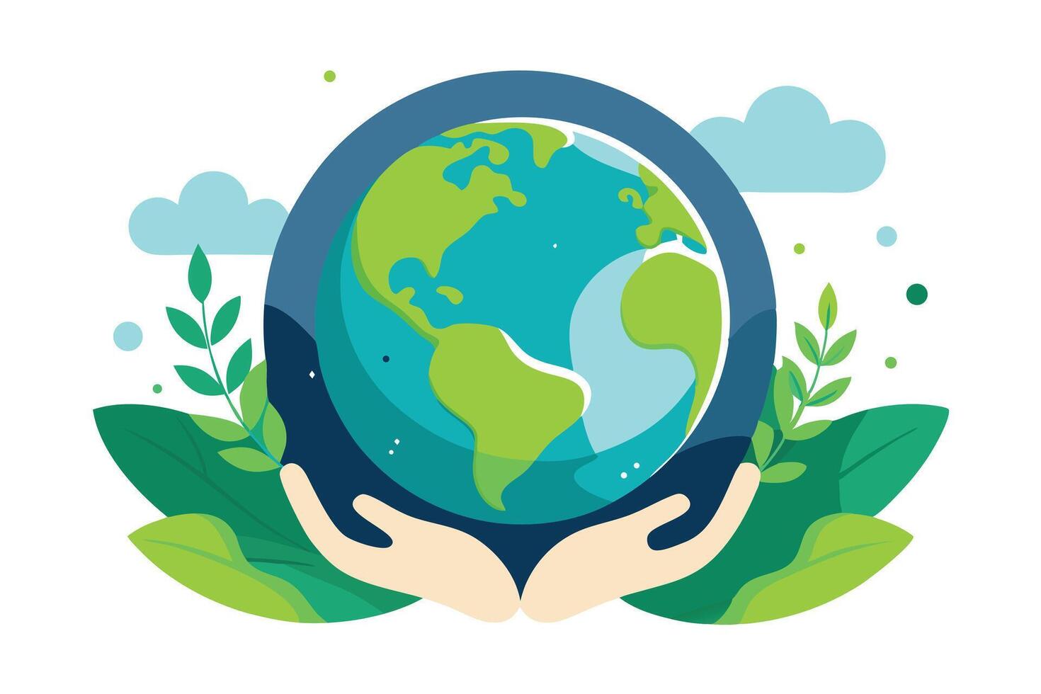 Flat hands holding earth globe with leaves and cloud, ecology concept vector