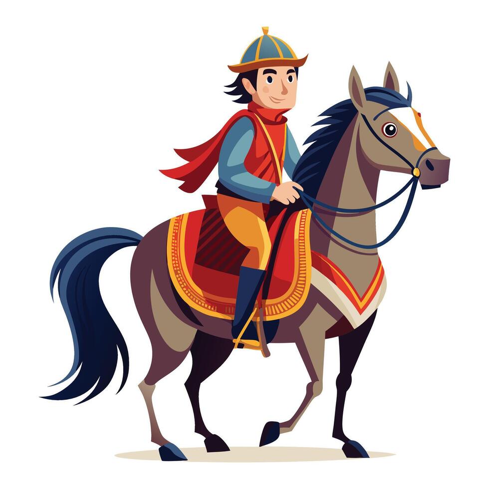 Cartoon Asian Man Riding Horse in Traditional Clothing vector