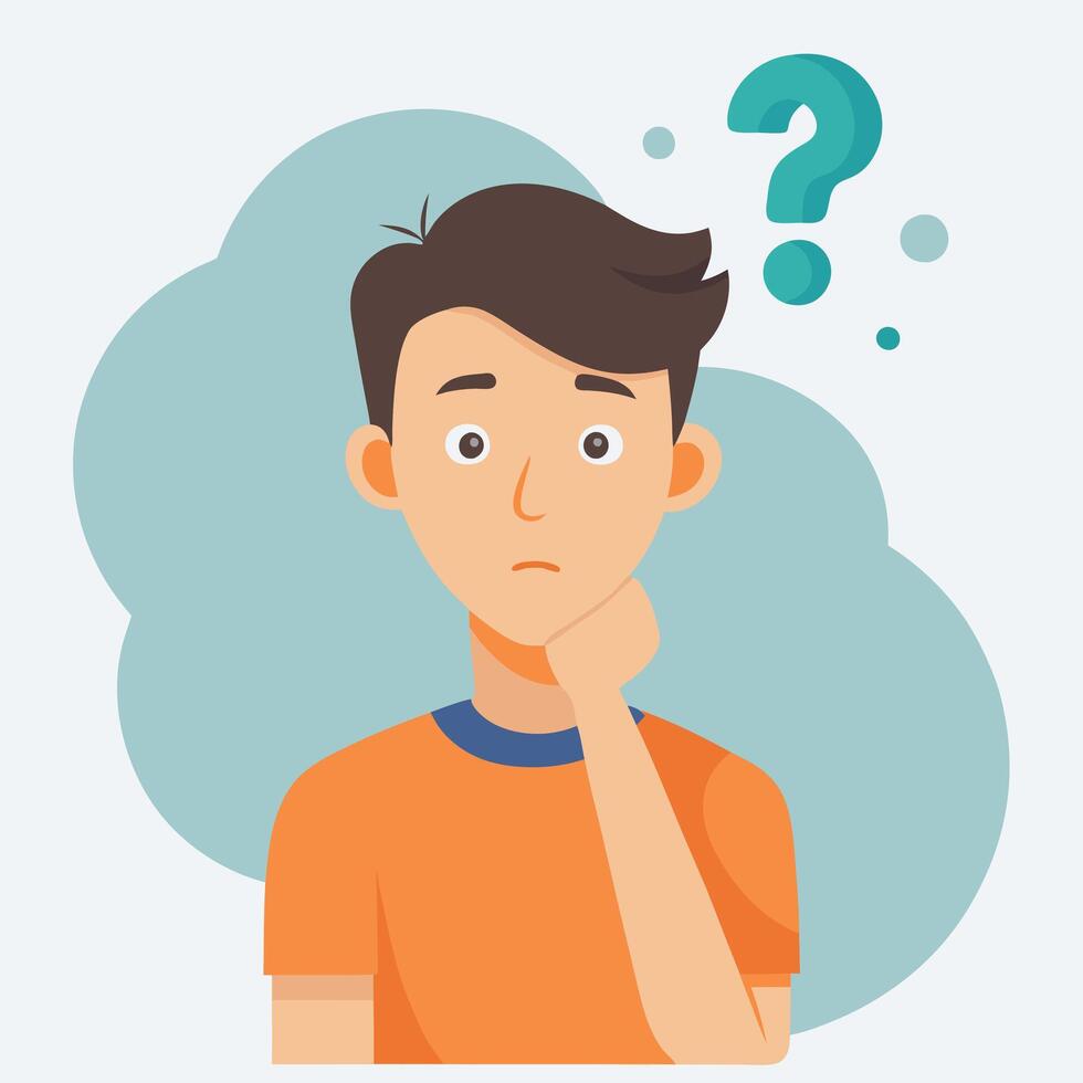 Thoughtful Man with Question Mark, Doubtful, Light Skin, Cartoon Style vector