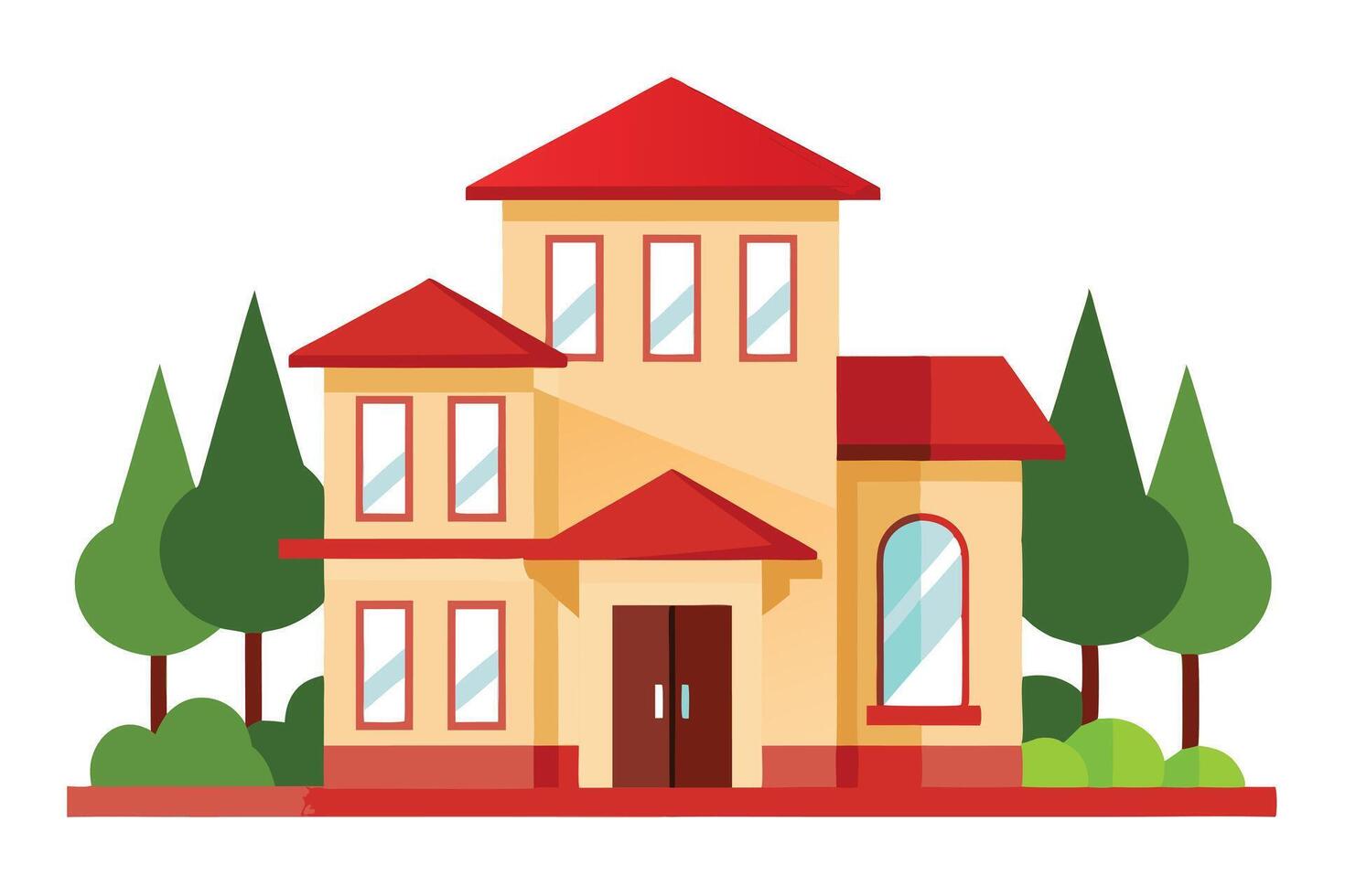 Cartoon style building with red roof, many windows and surrounded by trees vector