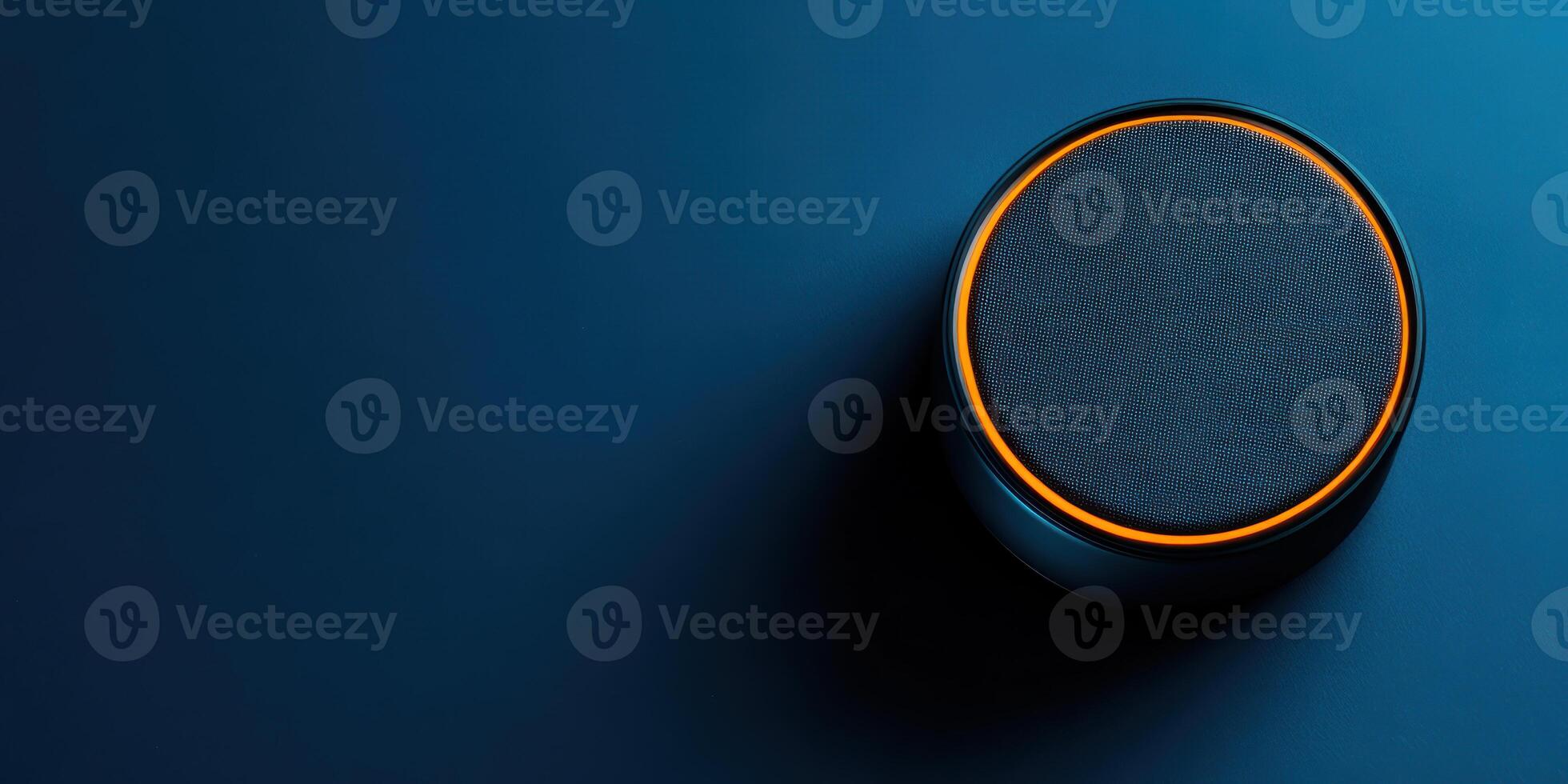 Smart speaker on a minimalist blue background with illuminated edge and modern design photo