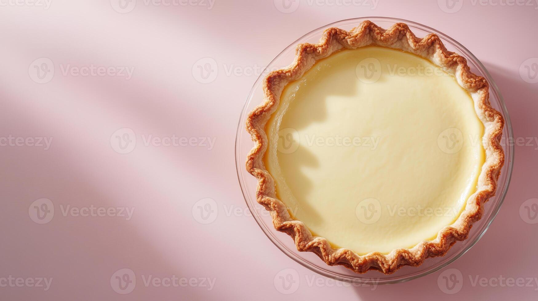 Delicious homemade custard pie with golden crust on soft pink background in natural sunlight, photo