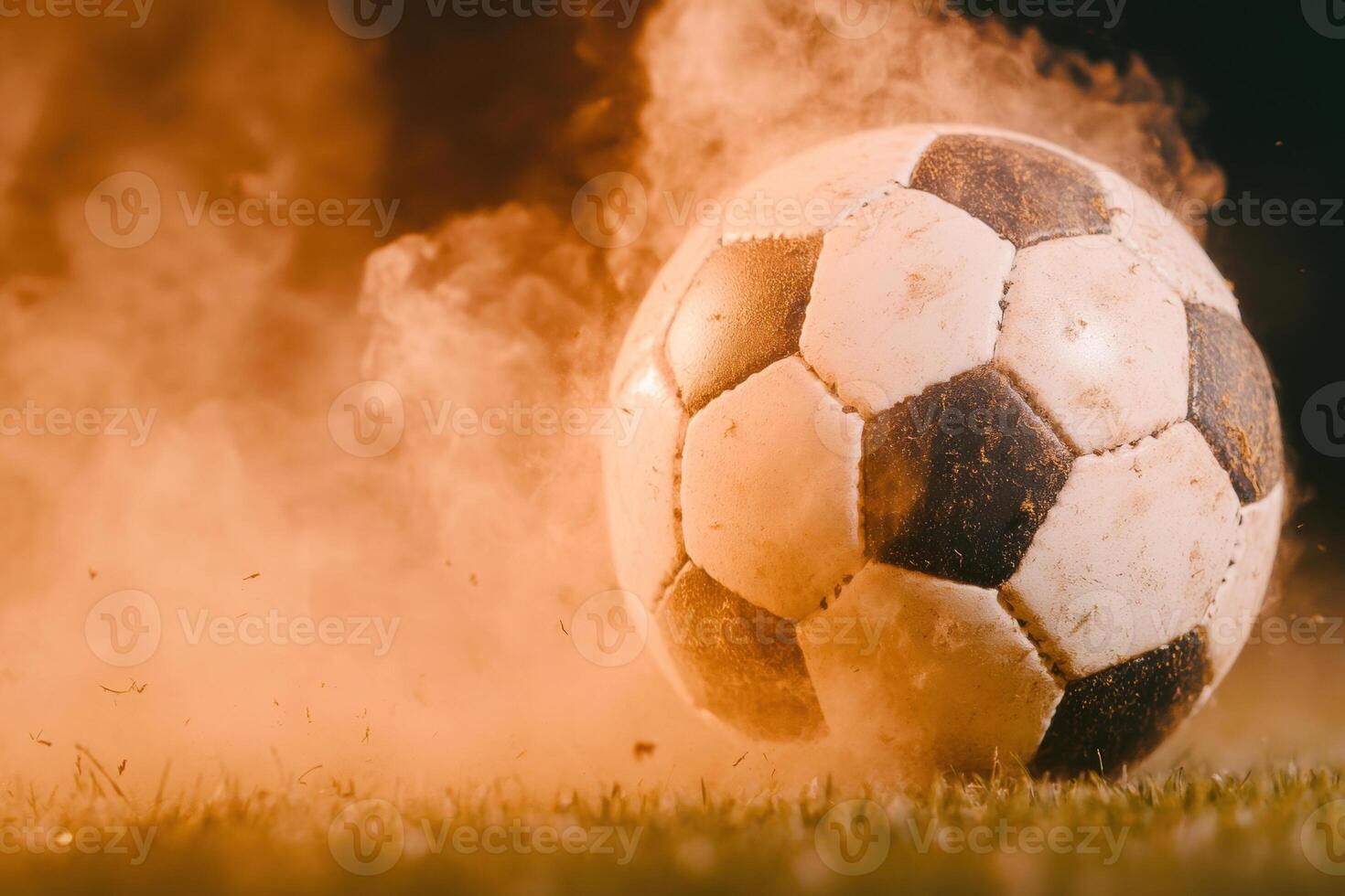 Soccer ball in dynamic smoky motion on grassy field sports energy concept photo