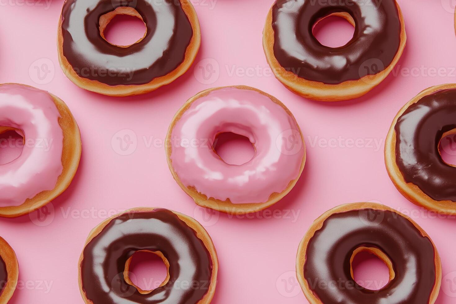 Delicious glazed donuts in vibrant pink pattern background tempting dessert flat lay arrangement photo