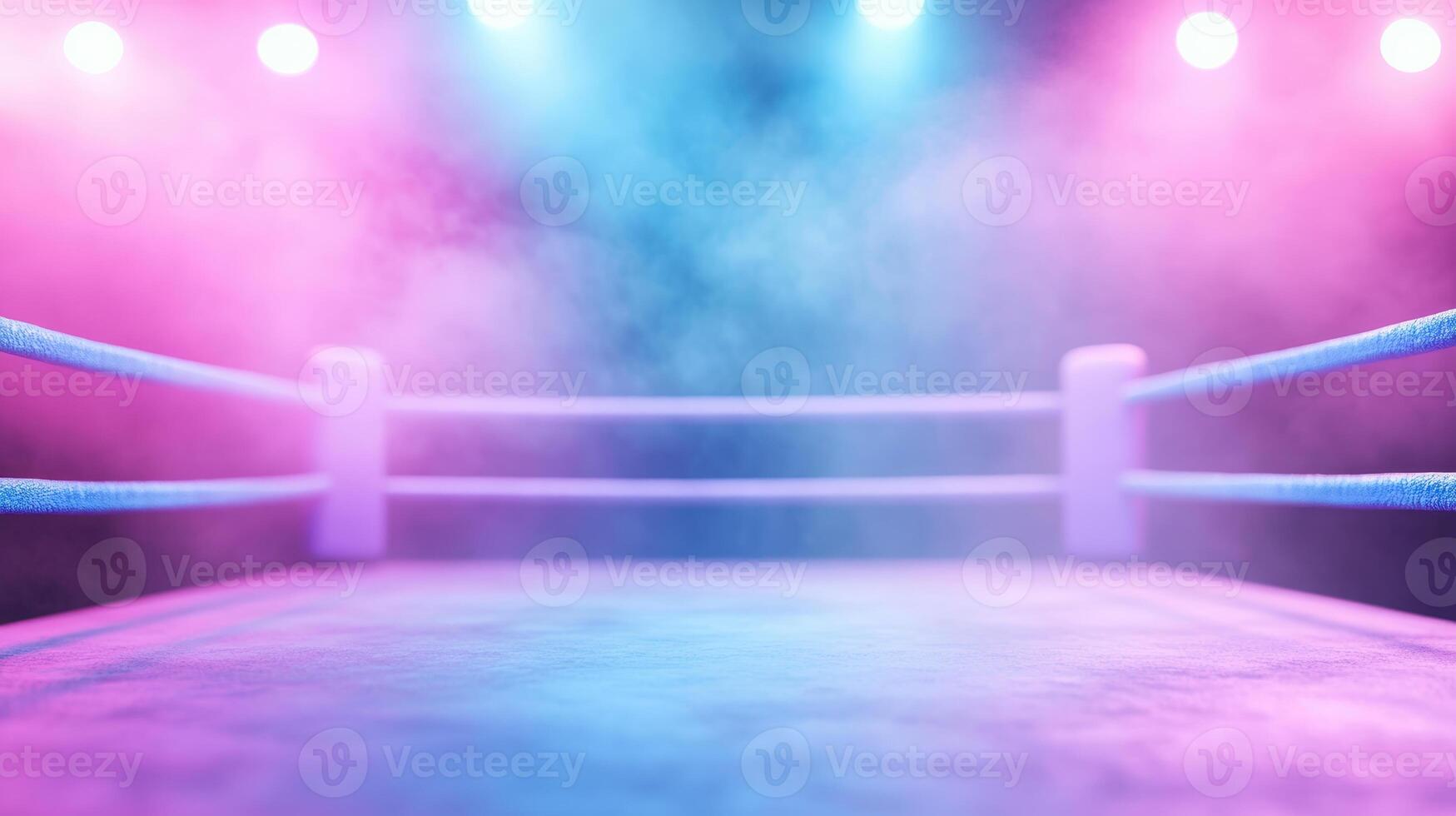 Boxing ring under colorful spotlights with vibrant atmosphere in a smoky arena setting at night, photo