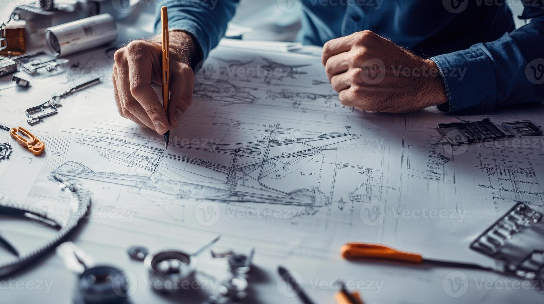 A person sketches technical drawings surrounded by tools and mechanical parts photo