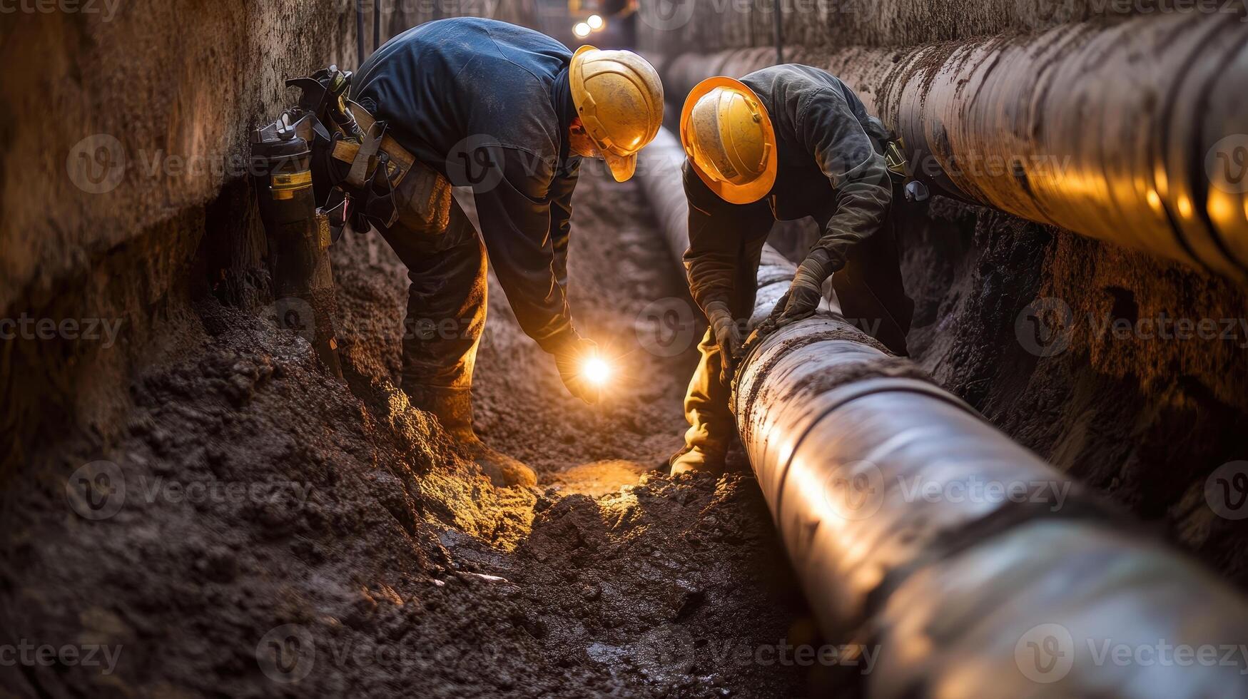 Workers in a trench installing large pipes with helmets and a flashlight photo