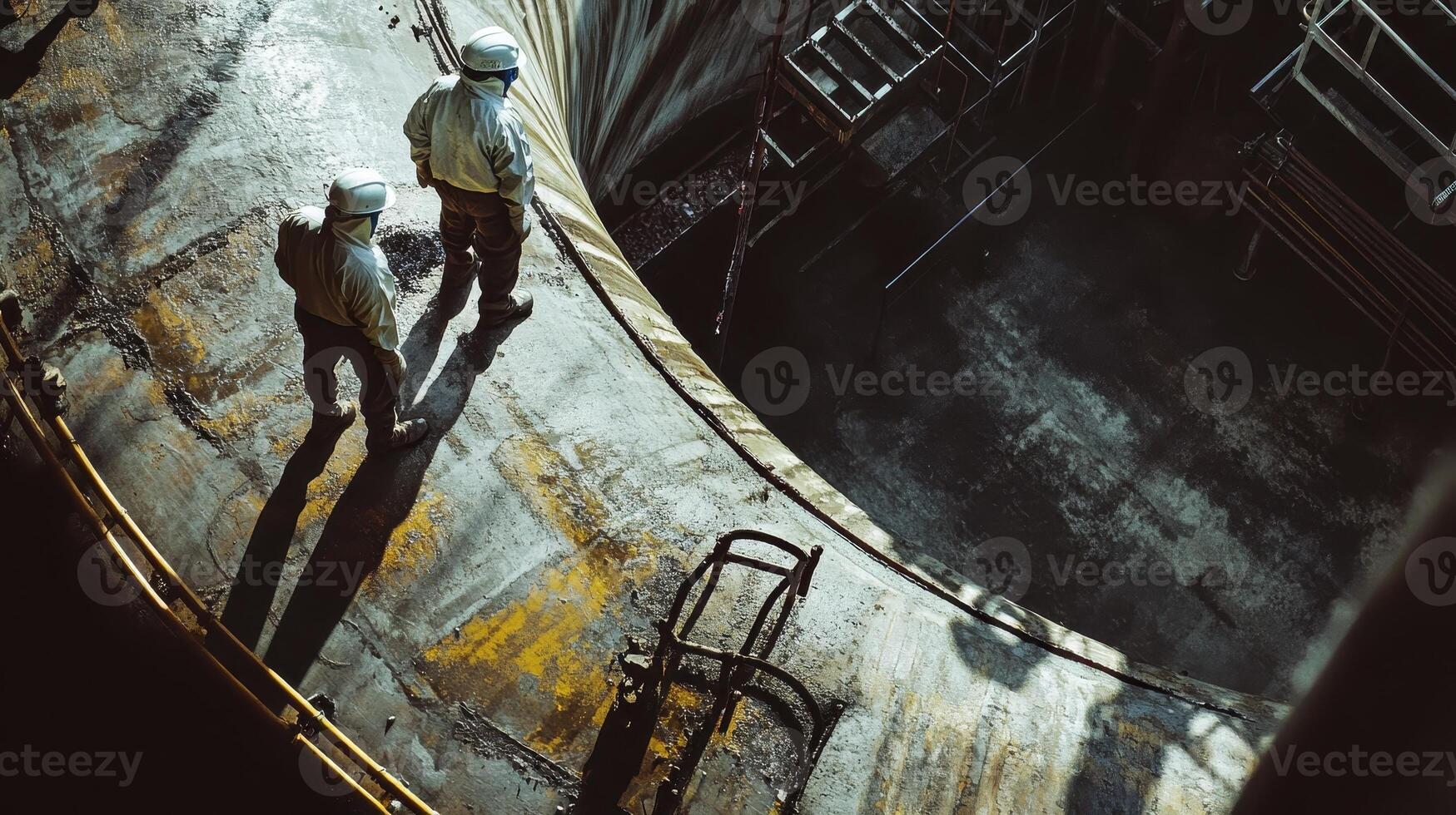 Two workers in safety gear navigate an industrial setting with a curved surface photo