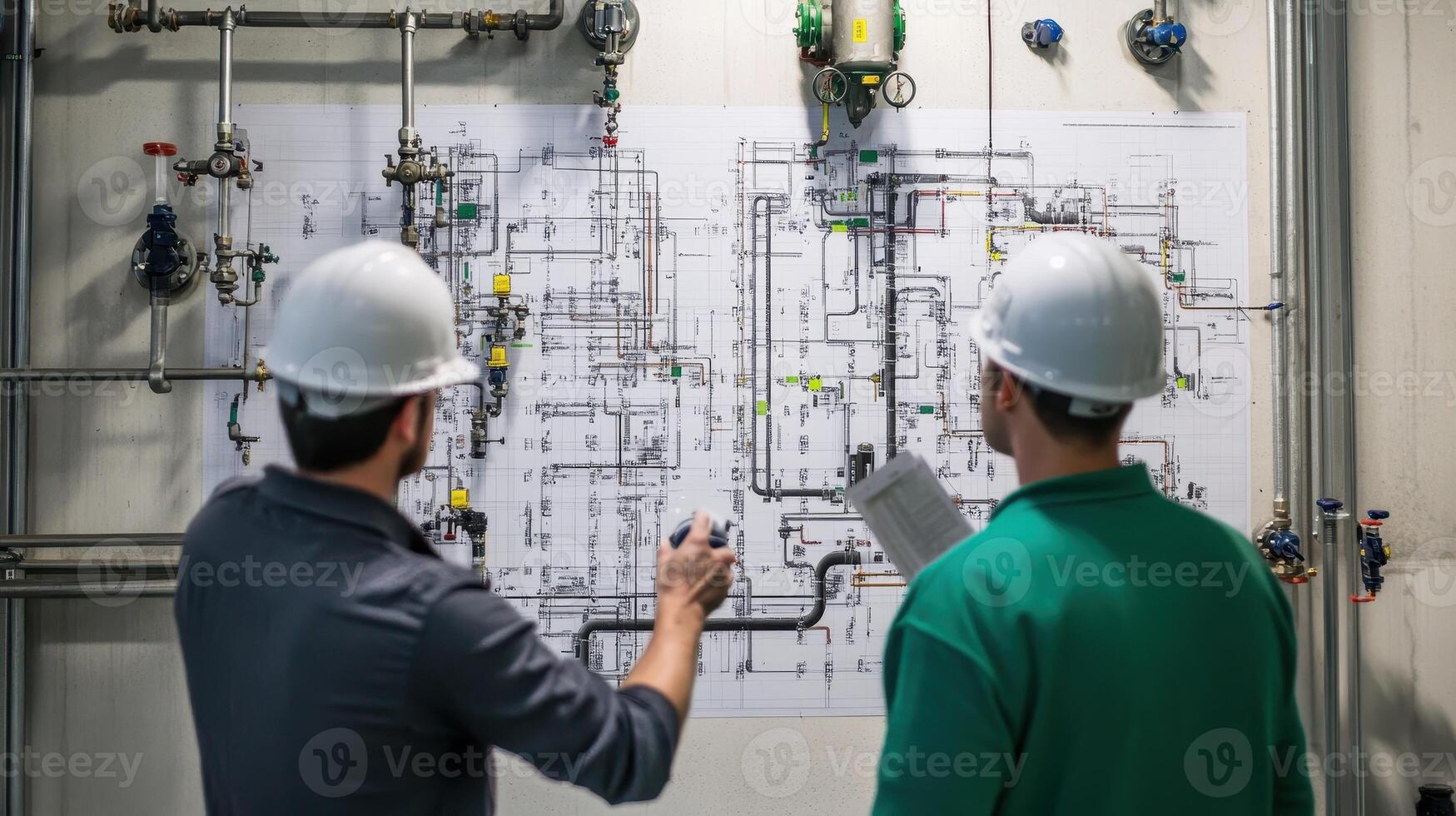 Two individuals analyzing a technical diagram on a wall in a work environment photo