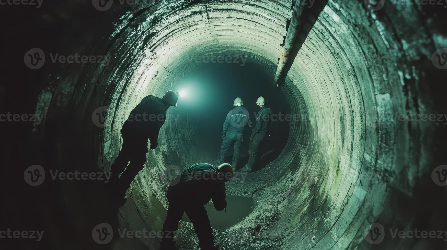 A group explores a dark underground tunnel with flashlights, highlighting urban exploration. photo