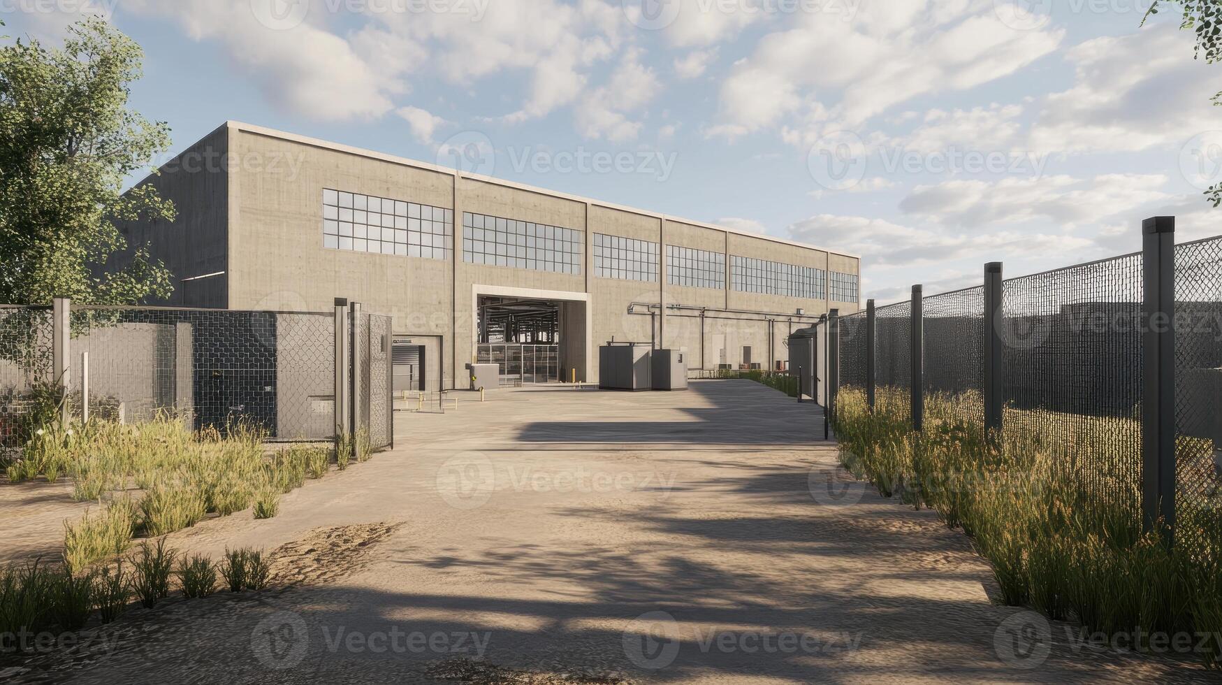 A modern industrial building with a surrounding fenced area and overgrown vegetation photo