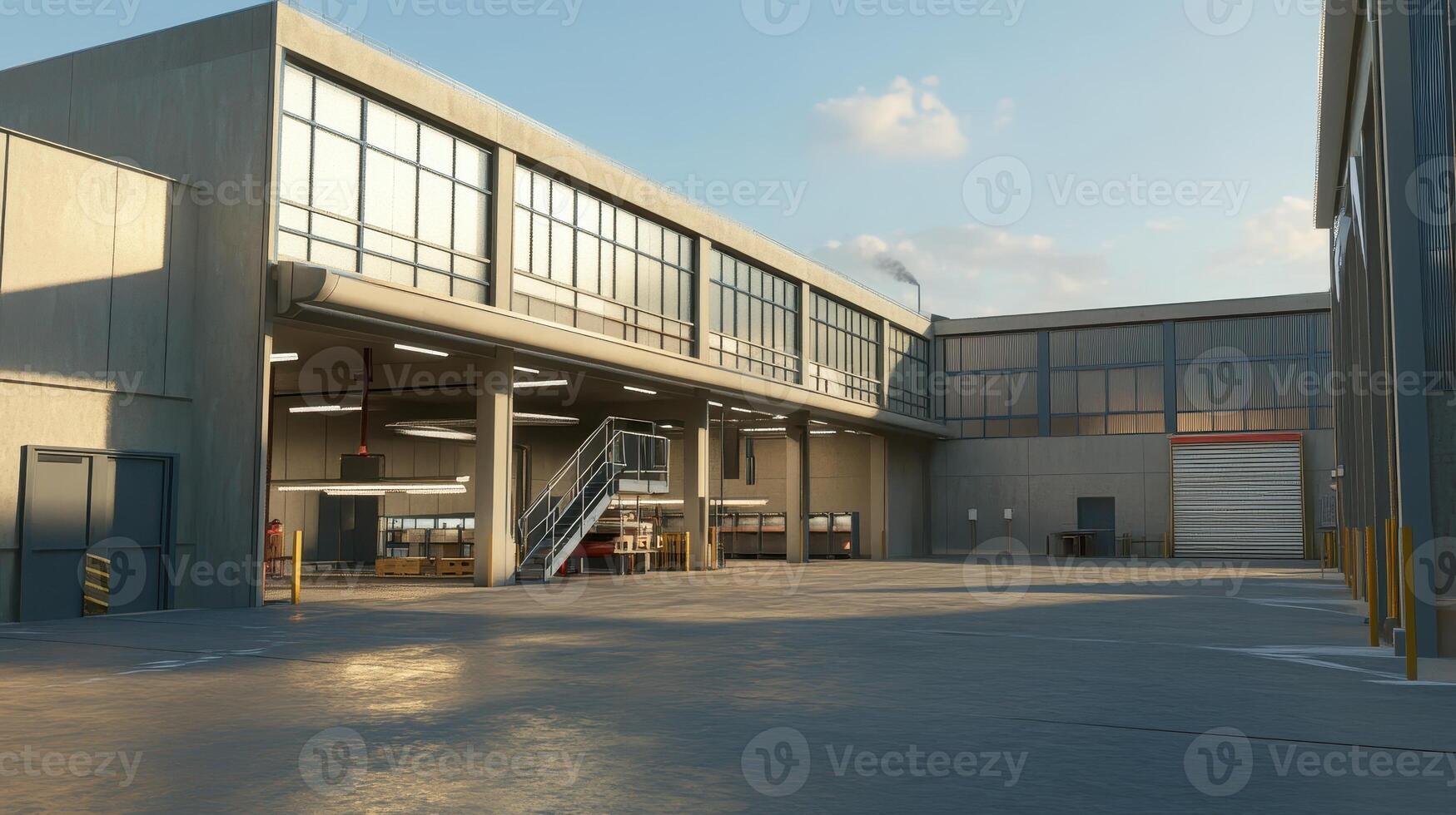 Modern industrial building with large windows and a loading area photo