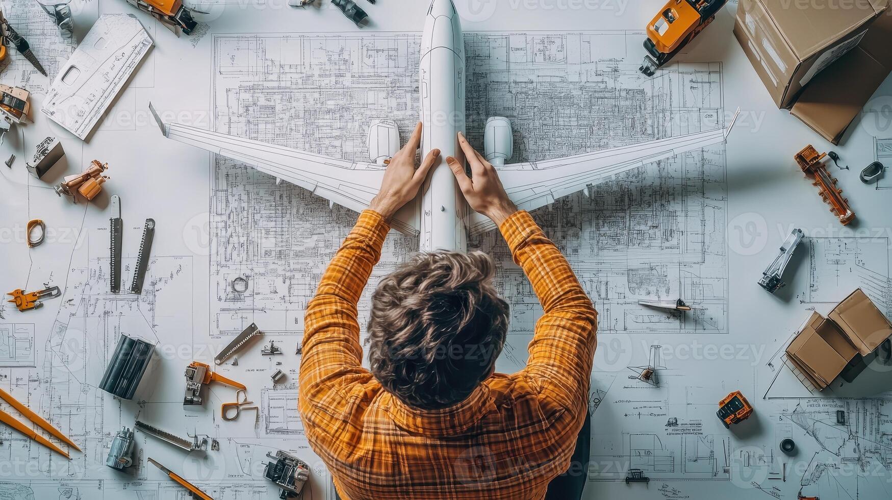 A person assembling a model airplane surrounded by tools and blueprints photo