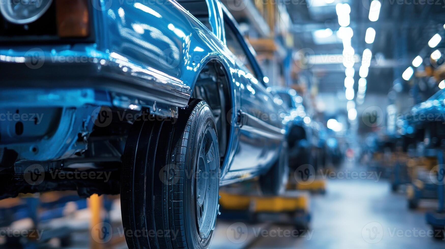 A blue car in an assembly line, highlighting automotive production photo