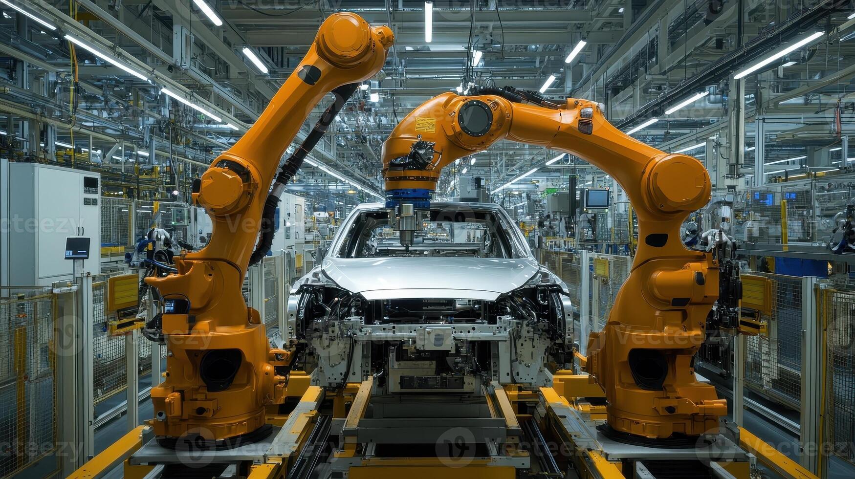 Industrial robots assembling a car in a manufacturing facility photo